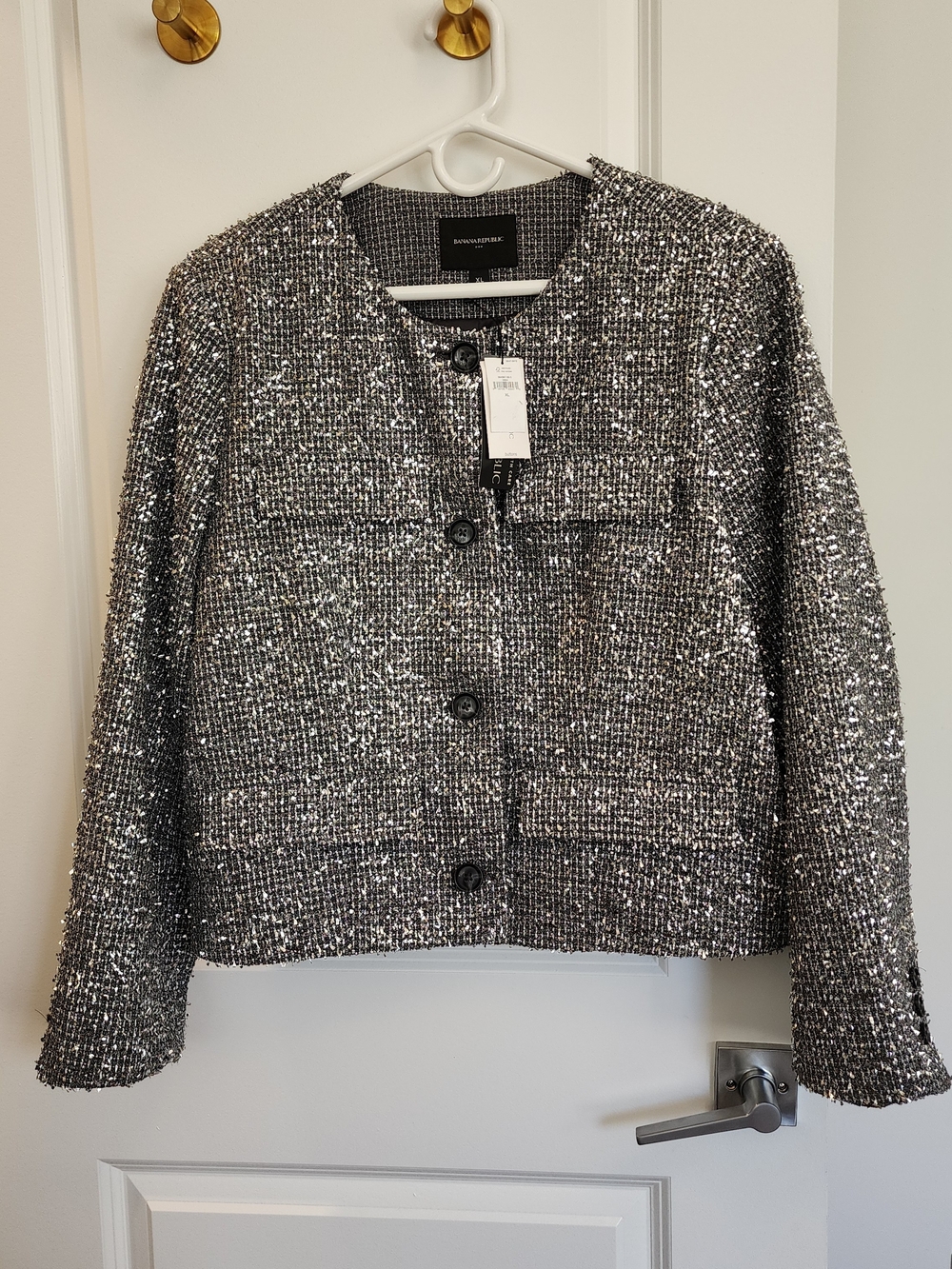 Banana Republic Silver Sequin Tweed Boxy Jacket